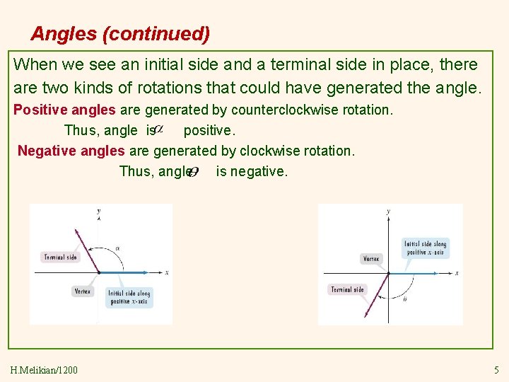 Angles (continued) When we see an initial side and a terminal side in place,