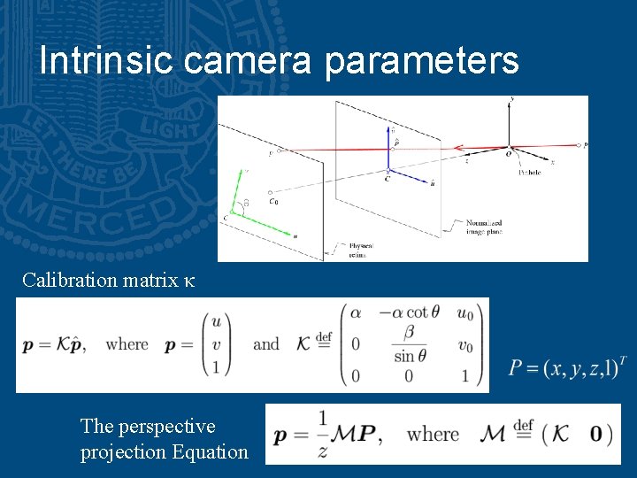 Intrinsic camera parameters Calibration matrix κ The perspective projection Equation 
