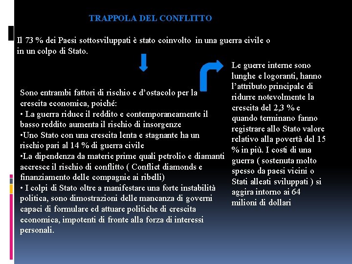 TRAPPOLA DEL CONFLITTO Il 73 % dei Paesi sottosviluppati è stato coinvolto in una