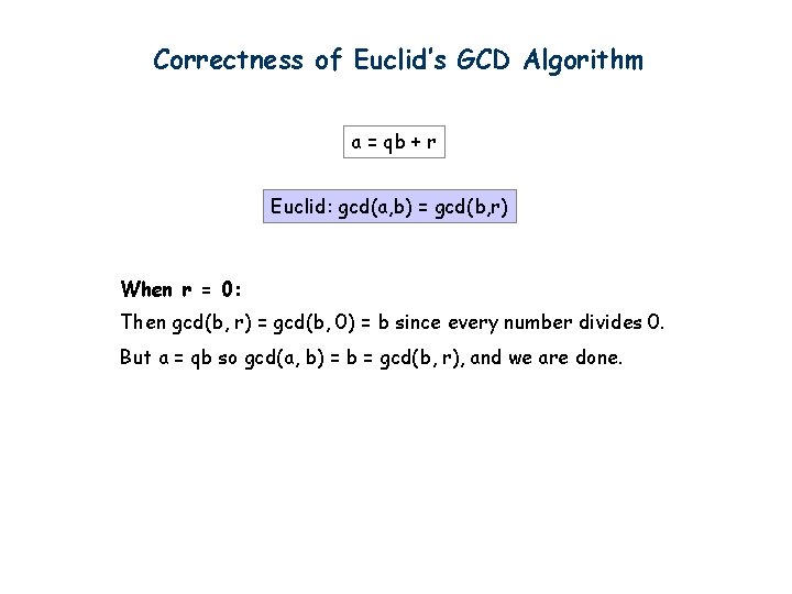 Correctness of Euclid’s GCD Algorithm a = qb + r Euclid: gcd(a, b) =