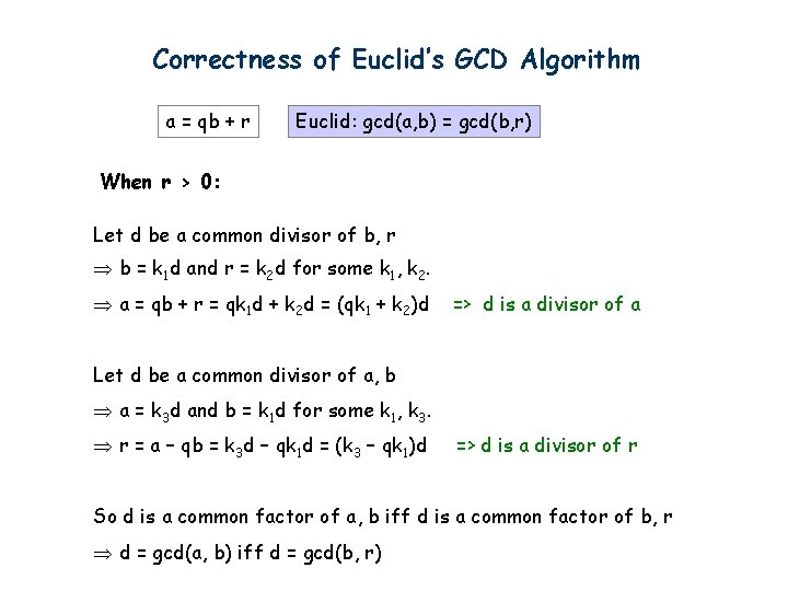 Correctness of Euclid’s GCD Algorithm a = qb + r Euclid: gcd(a, b) =