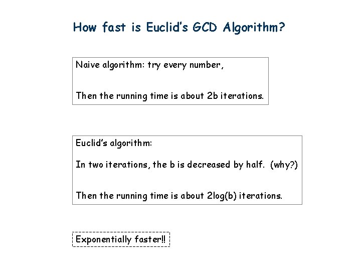 How fast is Euclid’s GCD Algorithm? Naive algorithm: try every number, Then the running