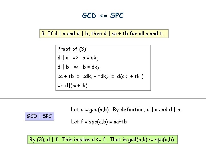 GCD <= SPC 3. If d | a and d | b, then d