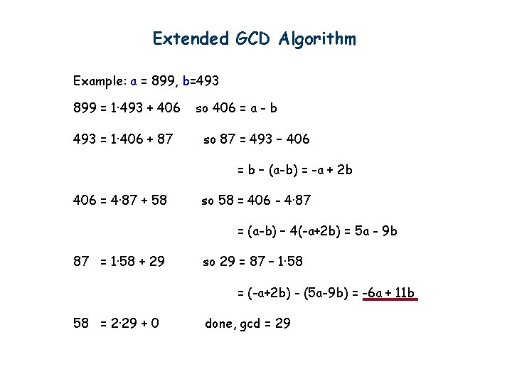 Extended GCD Algorithm Example: a = 899, b=493 899 = 1· 493 + 406