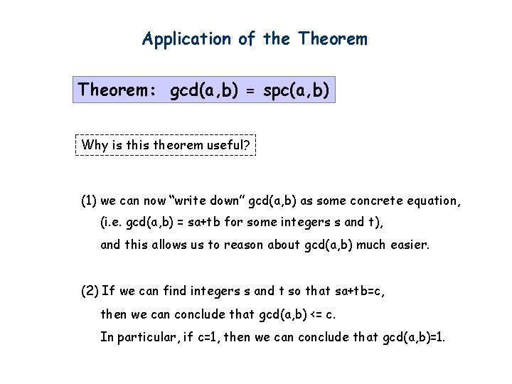 Application of the Theorem: gcd(a, b) = spc(a, b) Why is theorem useful? (1)