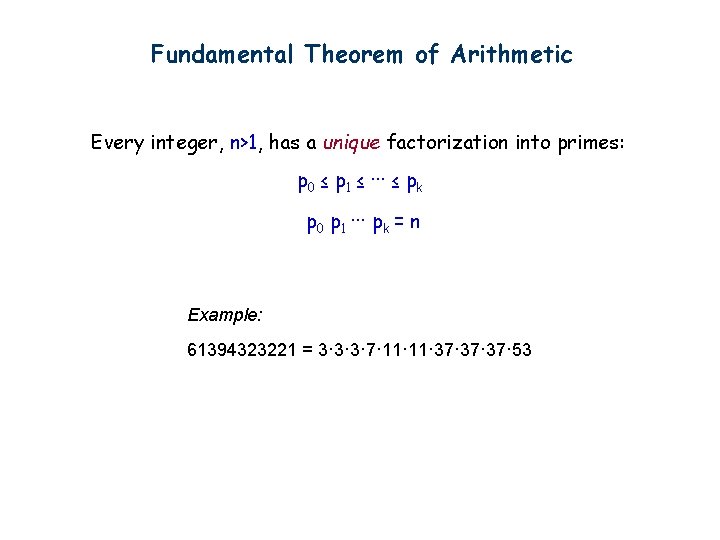 Fundamental Theorem of Arithmetic Every integer, n>1, has a unique factorization into primes: p