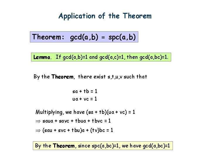Application of the Theorem: gcd(a, b) = spc(a, b) Lemma. If gcd(a, b)=1 and