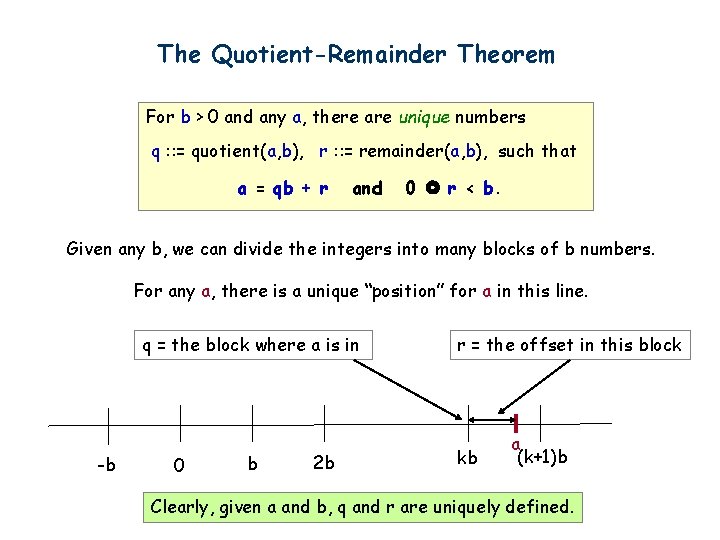 The Quotient-Remainder Theorem For b > 0 and any a, there are unique numbers