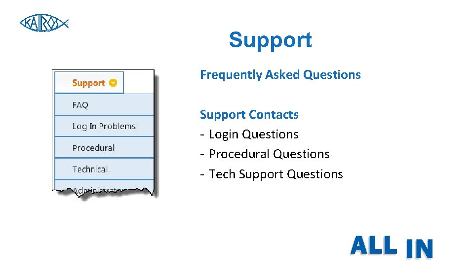 Support Frequently Asked Questions Support Contacts - Login Questions - Procedural Questions - Tech Support Frequently Asked Questions Support Contacts - Login Questions - Procedural Questions - Tech