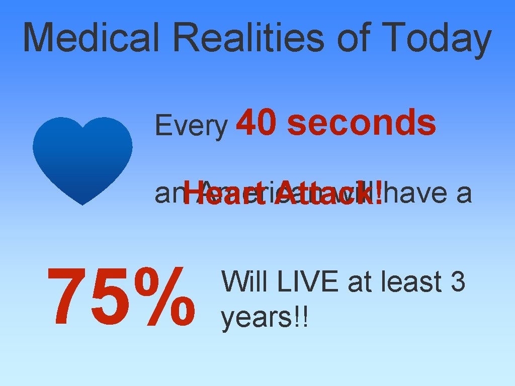 Medical Realities of Today Every 40 seconds an. Heart American will have a Attack!