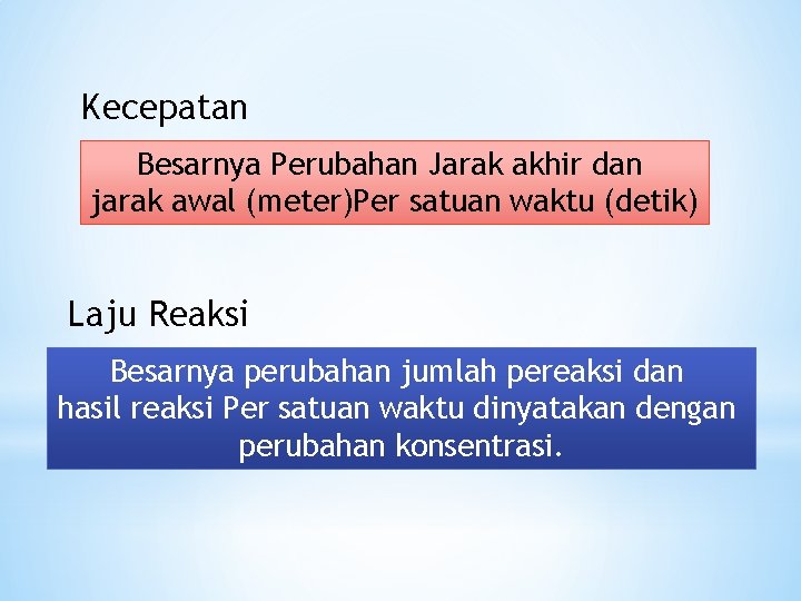 Kecepatan Besarnya Perubahan Jarak akhir dan jarak awal (meter)Per satuan waktu (detik) Laju Reaksi