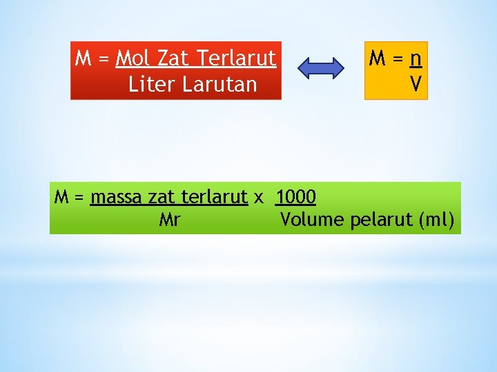 M = Mol Zat Terlarut Liter Larutan M=n V M = massa zat terlarut