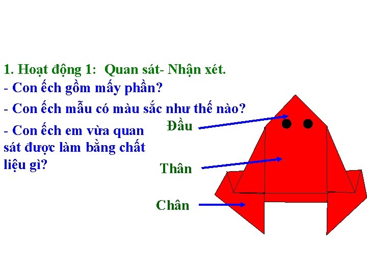 1. Hoạt động 1: Quan sát- Nhận xét. - Con ếch gồm mấy phần?