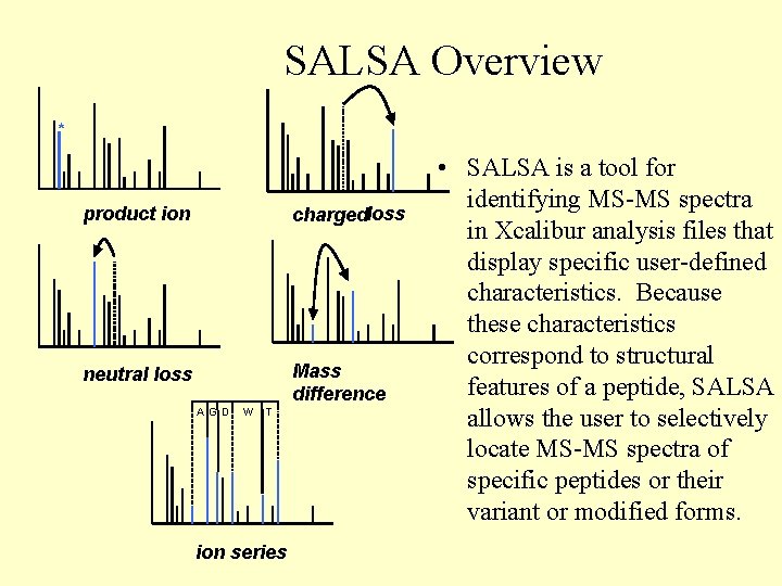 SALSA Overview * product ion chargedloss neutral loss Mass difference A GD W T
