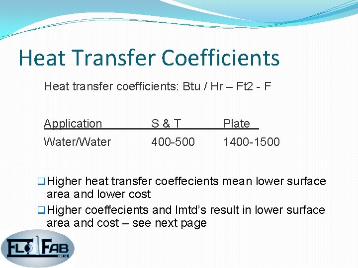 Heat Transfer Coefficients Heat transfer coefficients: Btu / Hr – Ft 2 - F