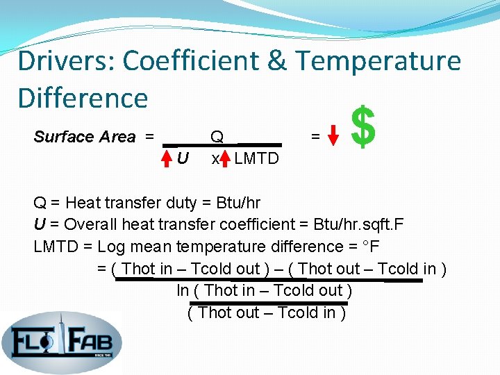 Drivers: Coefficient & Temperature Difference Surface Area = U Q x LMTD = $ Drivers: Coefficient & Temperature Difference Surface Area = U Q x LMTD = $