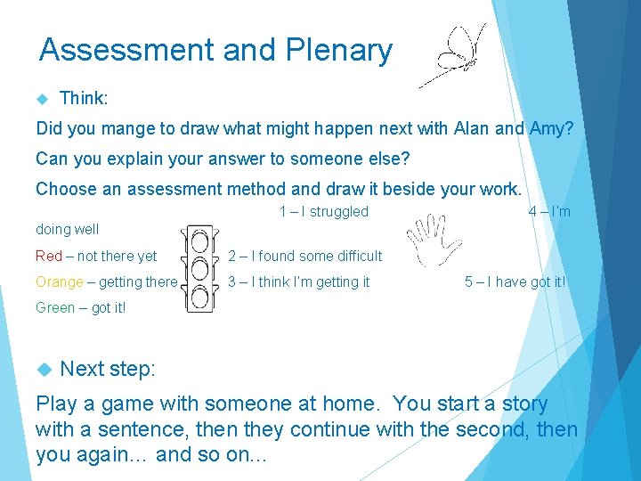 Assessment and Plenary Think: Did you mange to draw what might happen next with