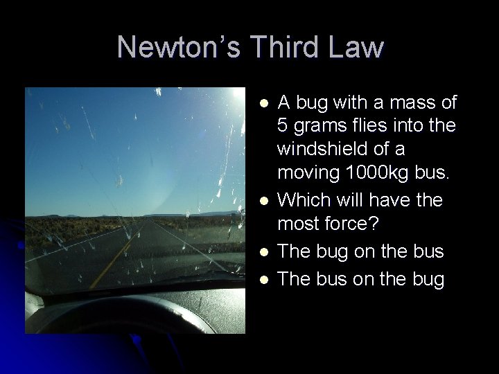 Newton’s Third Law l l A bug with a mass of 5 grams flies