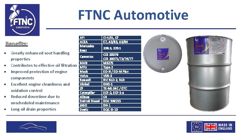 FTNC Automotive Greatly enhanced soot handling properties Contributes to effective oil filtration Improved protection