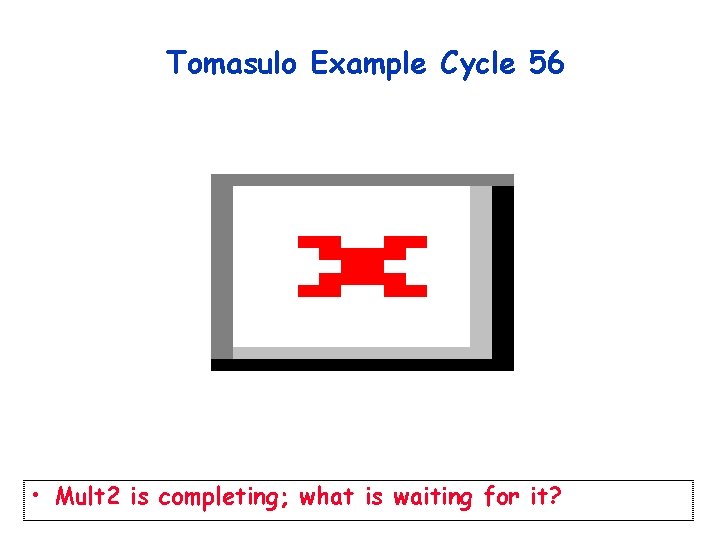 Tomasulo Example Cycle 56 • Mult 2 is completing; what is waiting for it? Tomasulo Example Cycle 56 • Mult 2 is completing; what is waiting for it?