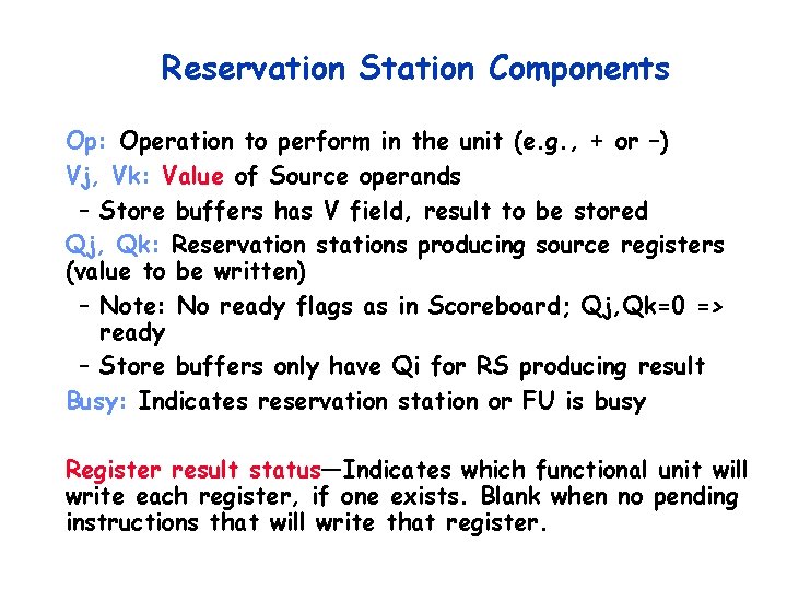 Reservation Station Components Op: Operation to perform in the unit (e. g. , + Reservation Station Components Op: Operation to perform in the unit (e. g. , +
