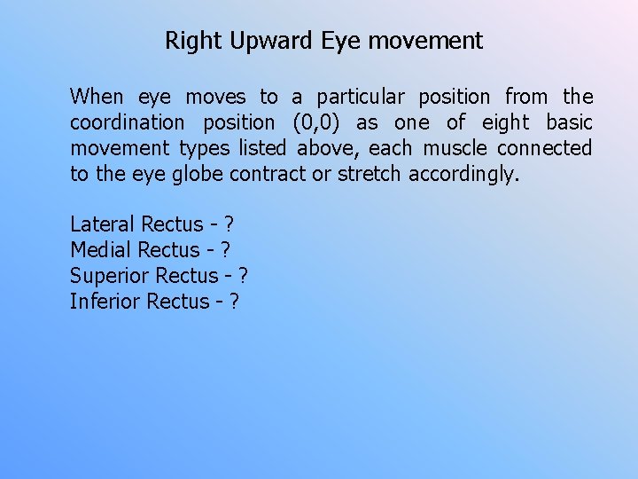 Right Upward Eye movement When eye moves to a particular position from the coordination