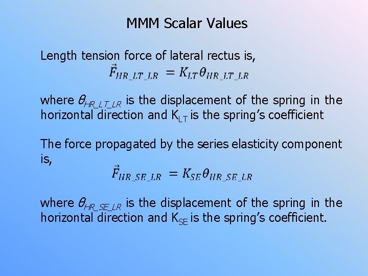 MMM Scalar Values Length tension force of lateral rectus is, where θHR_LT_LR is the