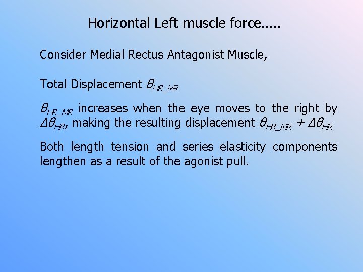 Horizontal Left muscle force…. . Consider Medial Rectus Antagonist Muscle, Total Displacement θHR_MR increases