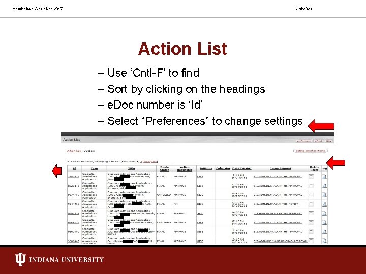 Admissions Workshop 2017 3/4/2021 Action List – Use ‘Cntl-F’ to find – Sort by