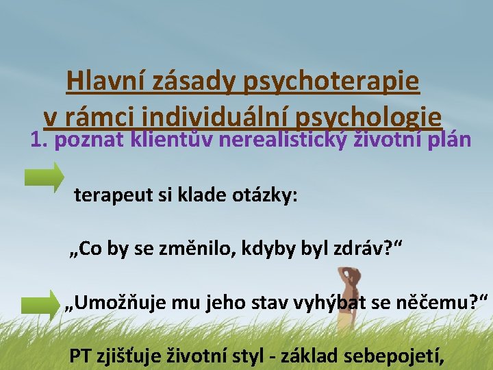 Hlavní zásady psychoterapie v rámci individuální psychologie 1. poznat klientův nerealistický životní plán terapeut