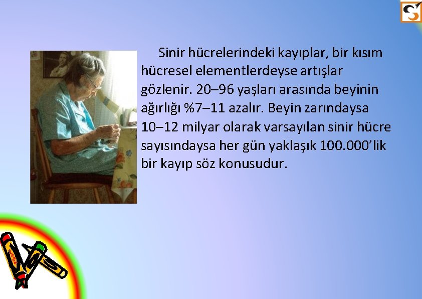 Sinir hücrelerindeki kayıplar, bir kısım hücresel elementlerdeyse artışlar gözlenir. 20– 96 yaşları arasında beyinin