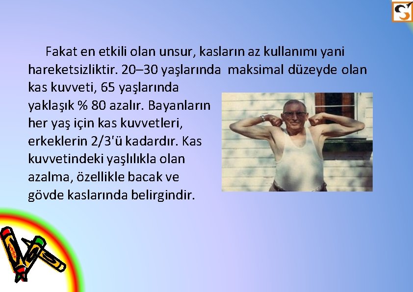 Fakat en etkili olan unsur, kasların az kullanımı yani hareketsizliktir. 20– 30 yaşlarında maksimal