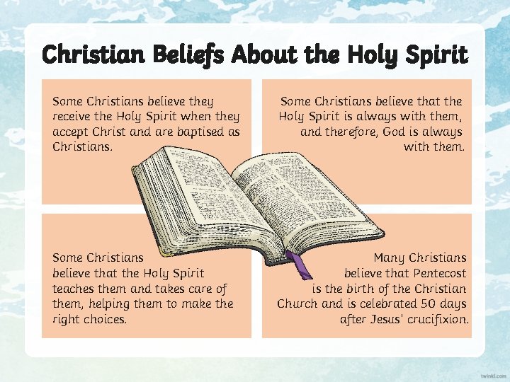 Christian Beliefs About the Holy Spirit Some Christians believe they receive the Holy Spirit