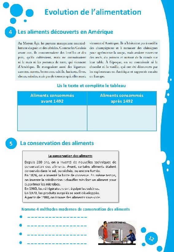 Evolution de l’alimentation 4 Les aliments découverts en Amérique Lis le texte et complète