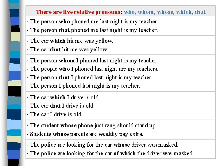 There are five relative pronouns: who, whom, whose, which, that - The person who