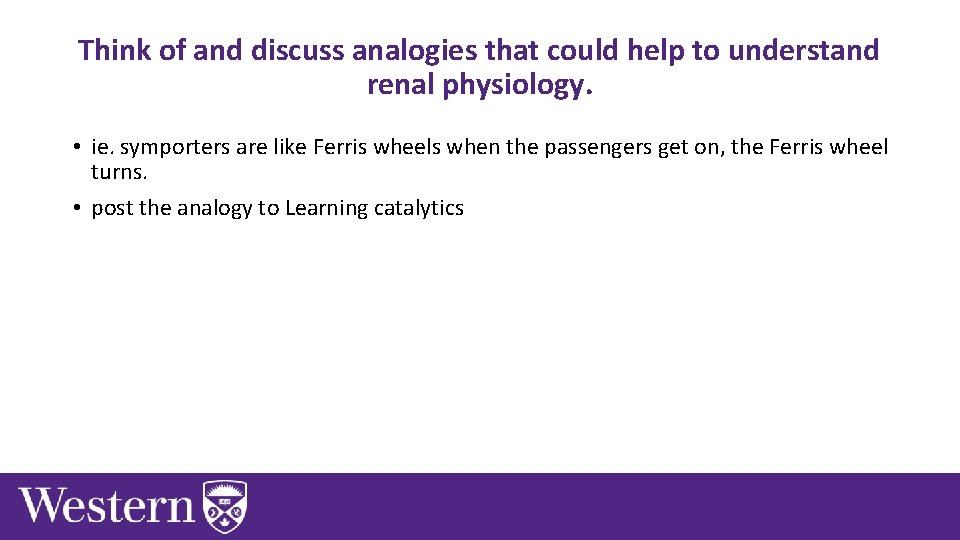 Think of and discuss analogies that could help to understand renal physiology. • ie.