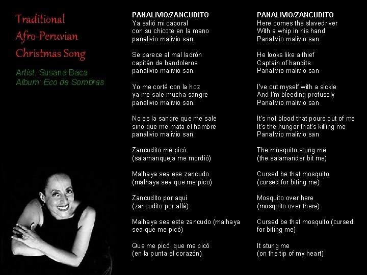 Traditional Afro-Peruvian Christmas Song Artist: Susana Baca Album: Eco de Sombras PANALIVIO/ZANCUDITO Ya salió Traditional Afro-Peruvian Christmas Song Artist: Susana Baca Album: Eco de Sombras PANALIVIO/ZANCUDITO Ya salió