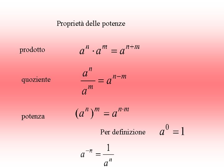 Proprietà delle potenze prodotto quoziente potenza Per definizione 