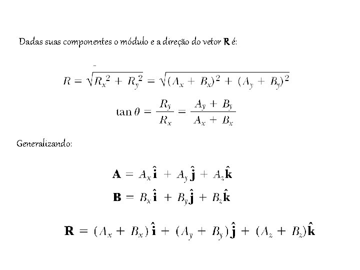 Dadas suas componentes o módulo e a direção do vetor R é: Generalizando: 