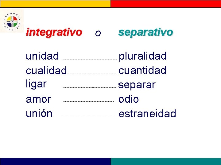 integrativo unidad cualidad ligar amor unión o separativo pluralidad cuantidad separar odio estraneidad 