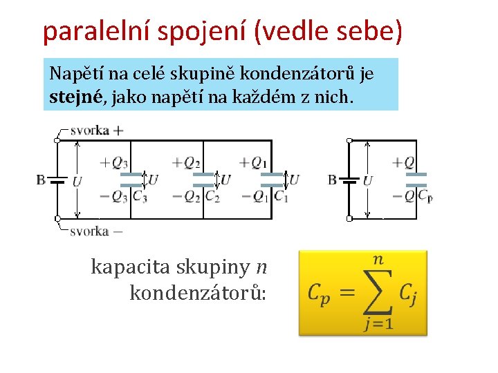 paralelní spojení (vedle sebe) Napětí na celé skupině kondenzátorů je stejné, jako napětí na