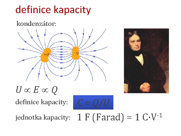 definice kapacity kondenzátor: U E Q definice kapacity: jednotka kapacity: C = Q/U 1