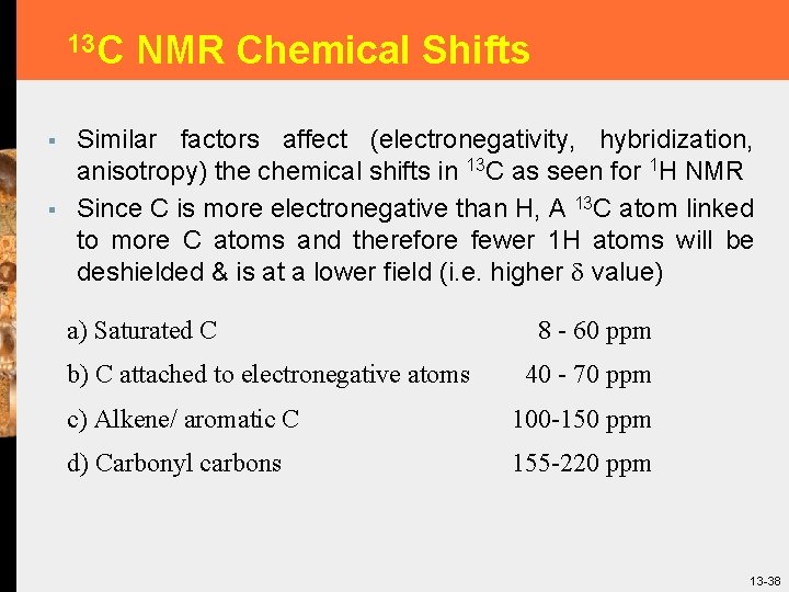 13 C § § NMR Chemical Shifts Similar factors affect (electronegativity, hybridization, anisotropy) the