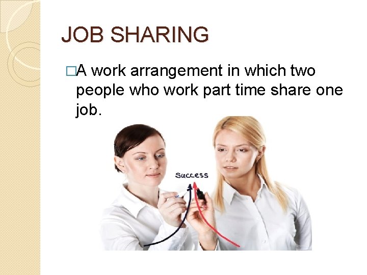 JOB SHARING �A work arrangement in which two people who work part time share JOB SHARING �A work arrangement in which two people who work part time share