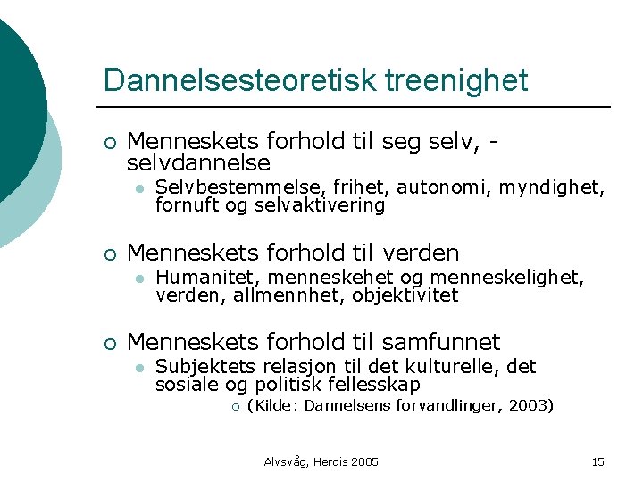 Dannelsesteoretisk treenighet ¡ Menneskets forhold til seg selv, selvdannelse l ¡ Menneskets forhold til