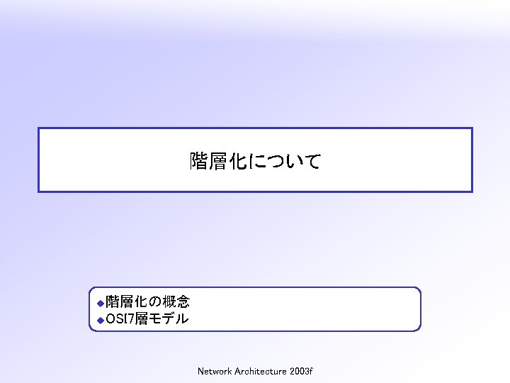 階層化について 階層化の概念 u. OSI 7層モデル u Network Architecture 2003 f 