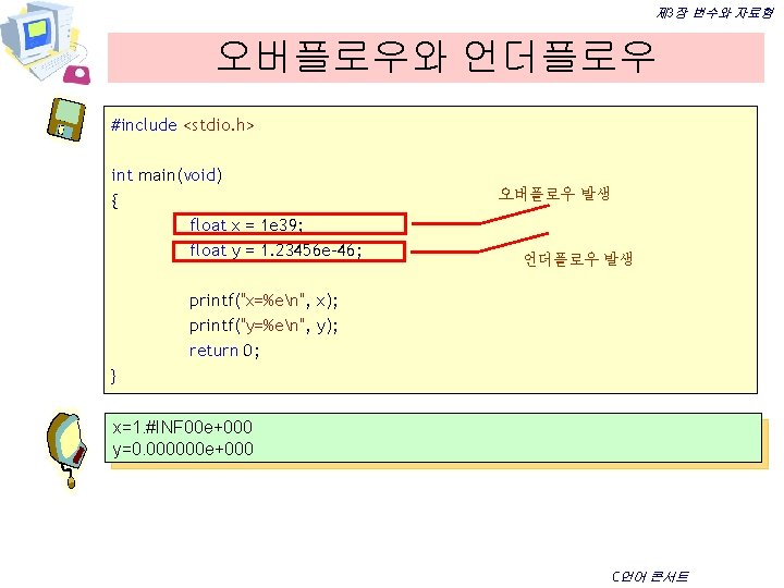 제 3장 변수와 자료형 오버플로우와 언더플로우 #include <stdio. h> int main(void) { float x