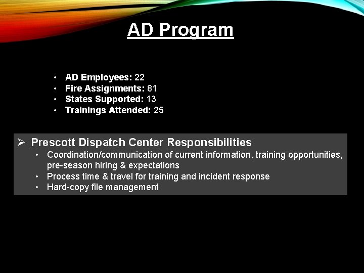 AD Program • • AD Employees: 22 Fire Assignments: 81 States Supported: 13 Trainings