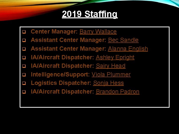 2019 Staffing q q q q Center Manager: Barry Wallace Assistant Center Manager: Bec