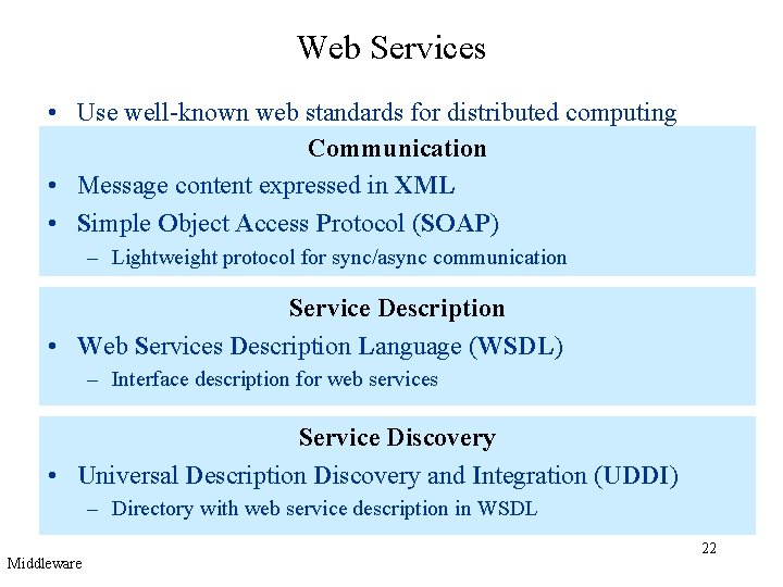 Web Services • Use well-known web standards for distributed computing Communication • Message content